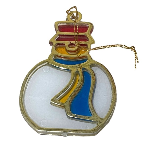 VTG STAINED GLASS STYLE Snowman In Hat Scarf CHRISTMAS SUN CATCHER ORNAMENT - Picture 3 of 3